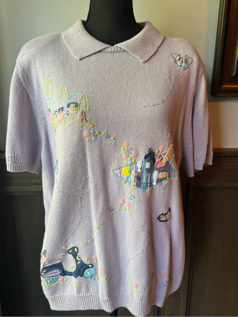 Alfred Dunner Lavender Embroidered Polo-Style Short Sleeve Top 1X